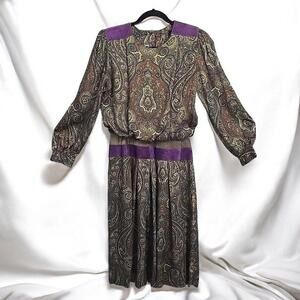 VTG 80s Patty O'Neil Dress Woman 12 Green Paysley Suede Detail CottageCore Retro